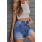 Sky Blue Distressed Raw Hem Buttons Denim Shorts with Pockets